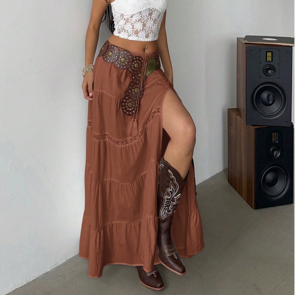 Boho Stretchy Waist lace Insert Split Thigh Maxi Skirt - Picture 5 of 8